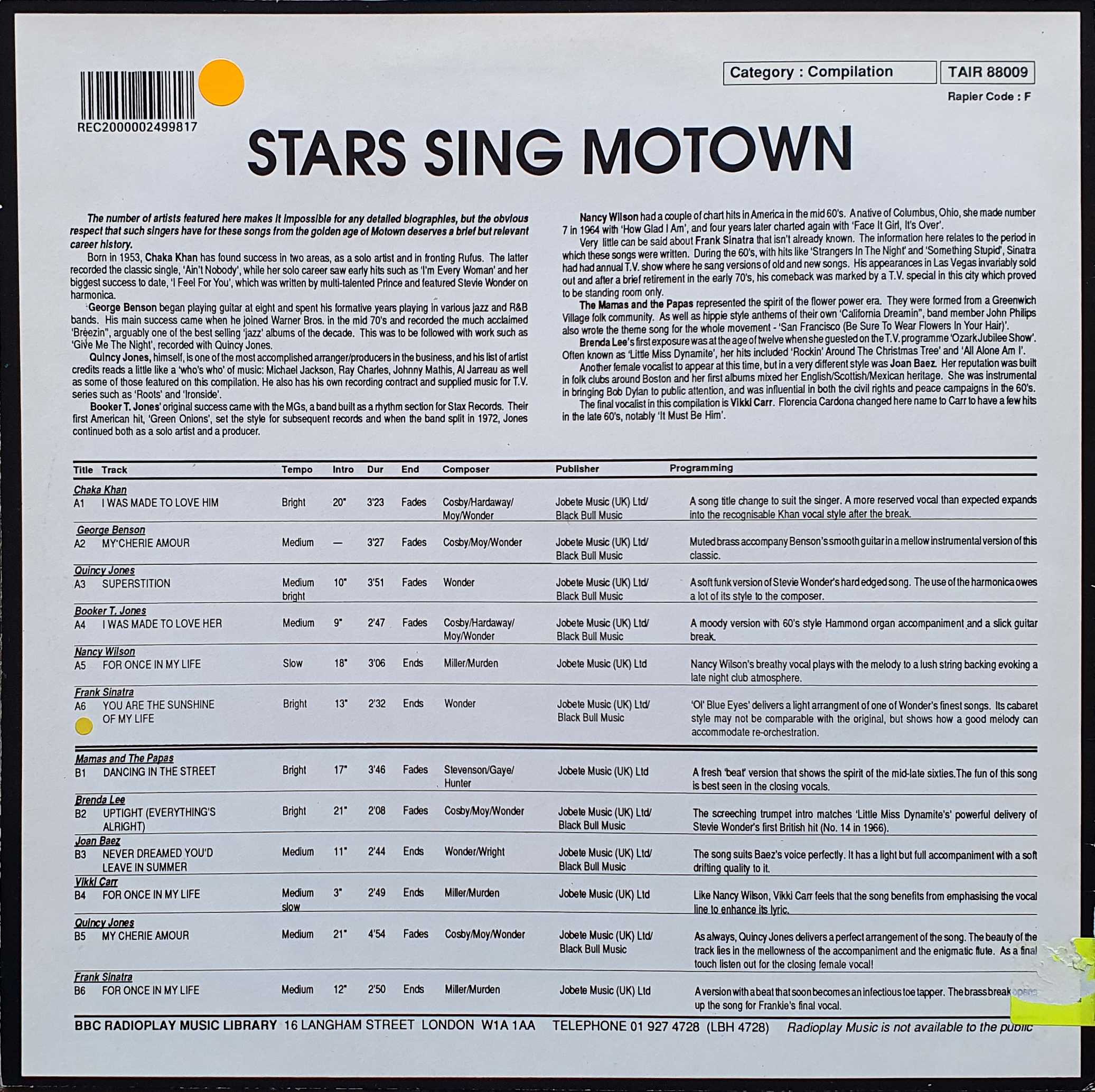 Picture of TAIR 88009 Stars sing Motown by artist Various from the BBC records and Tapes library